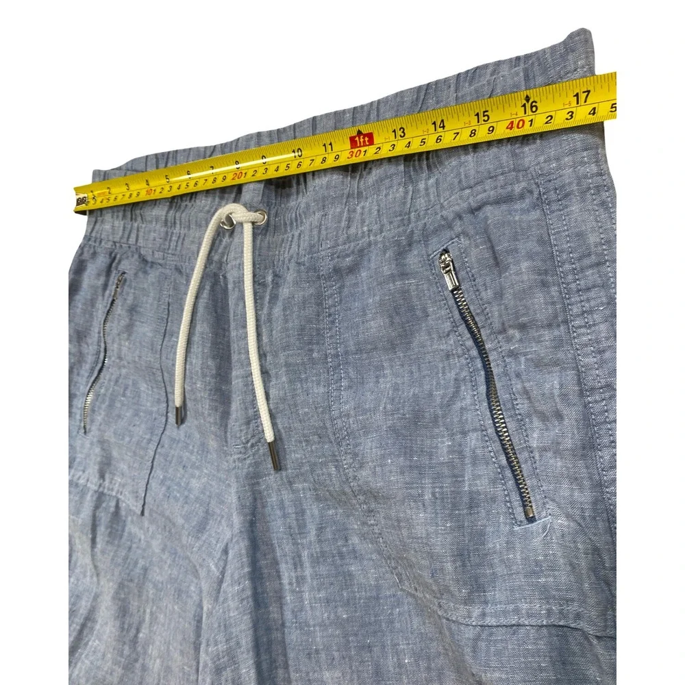 Athleta Cabo 100% Linen Wide Leg Pants Blue Chambray Drawstring 12T Tall Comfy - Picture 10 of 11